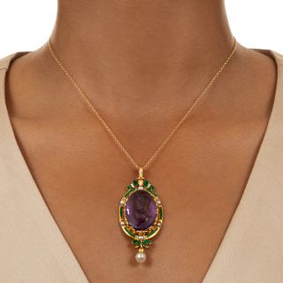 Victorian Carved Amethyst Cameo, Pearl and Enamel Pendant