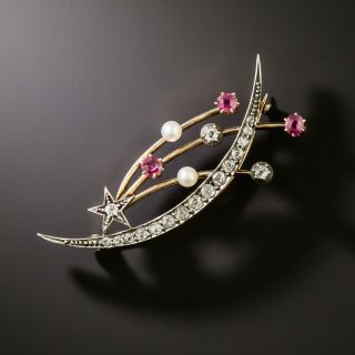 Victorian Comet and Crescent Moon Ruby and Diamond Brooch - 2