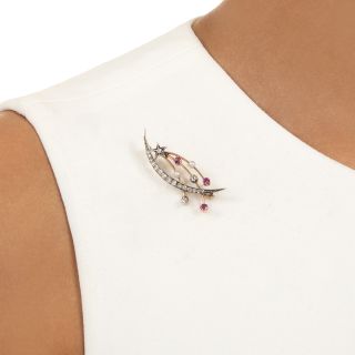 Victorian Comet and Crescent Moon Ruby and Diamond Brooch