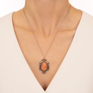 Victorian Coral Cameo and Seed Pearl Pendant