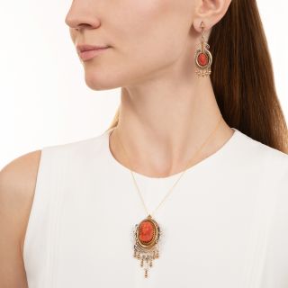 Victorian Coral Cameo Pendant/Brooch and Earrings