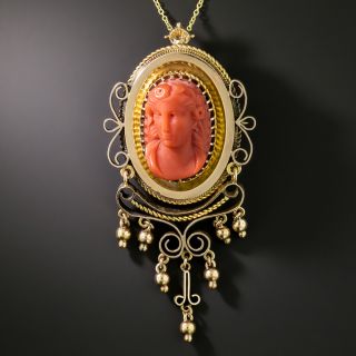 Victorian Coral Cameo Pendant/Brooch and Earrings