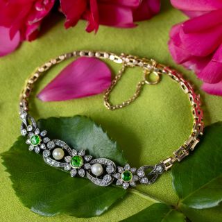 Victorian Demantoid Garnet, Natural Pearl and Diamond Bracelet