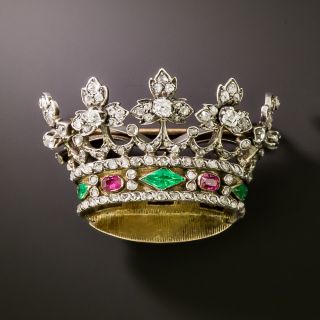 Victorian Diamond and Gemstone Royal Crown Brooch - 1