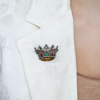 Victorian Diamond and Gemstone Royal Crown Brooch