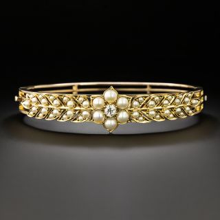 Victorian Diamond and Natural Pearl Bangle Bracelet - 2