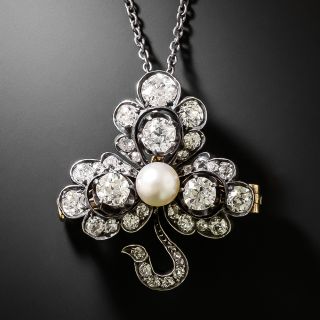 Victorian Diamond and Natural Pearl Shamrock Pendant/Brooch, Austro-Hungarian - 2