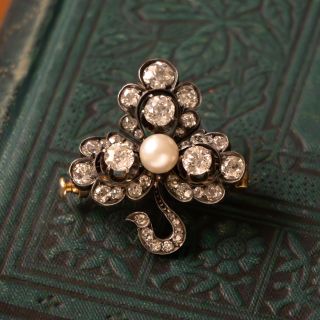Victorian Diamond and Natural Pearl Shamrock Pendant/Brooch, Austro-Hungarian