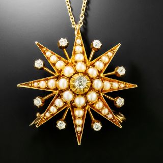 Victorian Diamond and Natural Pearl Starburst 18K Brooch/Pendant - 2