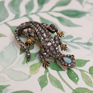 Victorian Diamond and Opal Lizard Brooch