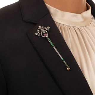 Victorian Diamond Bow, Emerald and Ruby Lapel Pin