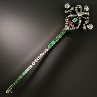 Victorian Diamond Bow, Emerald and Ruby Lapel Pin - 2
