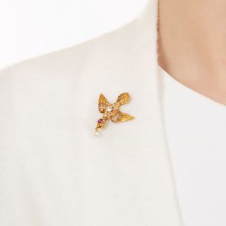Victorian Diamond, Ruby and Pearl Bird Pin