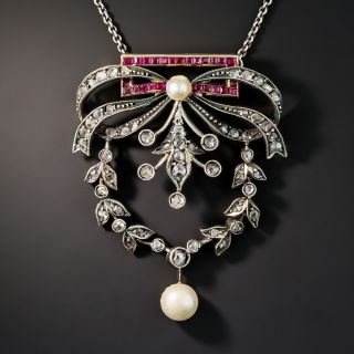 Victorian Diamond, Synthetic Ruby and Pearl Garland Necklace - 1
