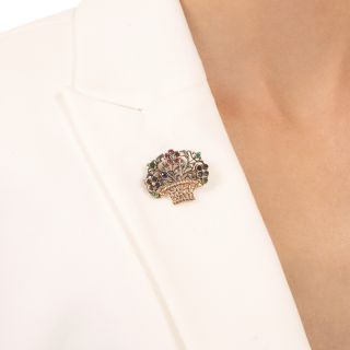 Victorian/Early 20th-Century Multi-Gem Flower Basket Brooch