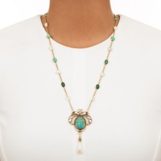Victorian Egyptian Revival Turquoise Scarab and Natural Pearl Necklace