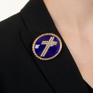 Victorian Enamel and Natural Pearl Cross Brooch and Earring Set