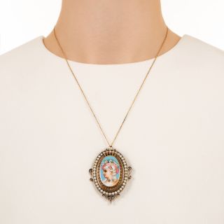 Victorian Enamel and Pearl Portrait Locket Pendant/Brooch