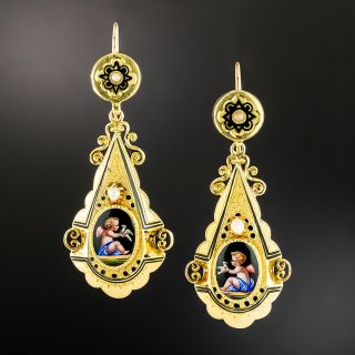 Victorian Enamel Cherub Dangle Earrings - 2