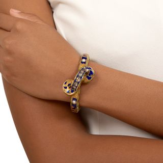 Victorian Enamel, Diamond and Natural Pearl Bangle Bracelet