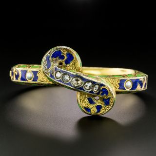 Victorian Enamel, Diamond and Natural Pearl Bangle Bracelet - 2