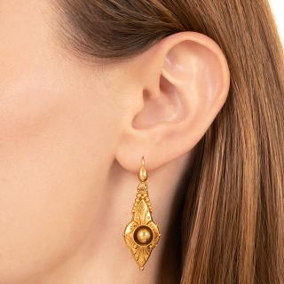 Victorian Etruscan Revival 15K Gold Dangle Earrings, English