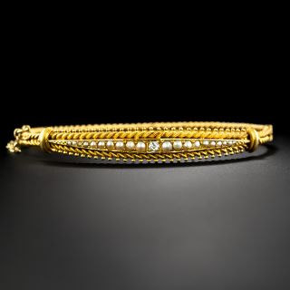 Victorian Etruscan Revival Seed Pearl and Diamond Bangle Bracelet, English - 2