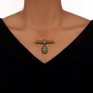Victorian Etruscan Revival Turquoise and Pearl Brooch/Pendant