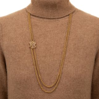 Victorian Fancy Link Chain with Pearl and Enamel Slide, 62 Inches