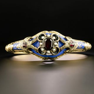 Victorian Garnet, Natural Pearl and Enamel Bangle Bracelet - 2