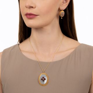 Victorian Garnet, Pearl and Chalcedony Necklace and Earring Set
