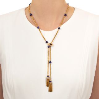 Victorian Lapis Lazuli and Pearl  Lariat with Tassels