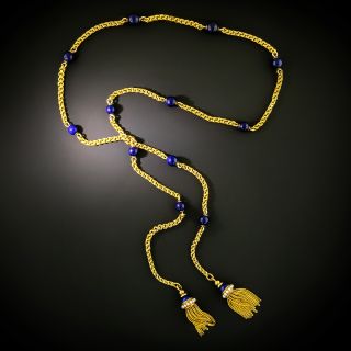 Victorian Lapis Lazuli and Pearl  Lariat with Tassels - 2