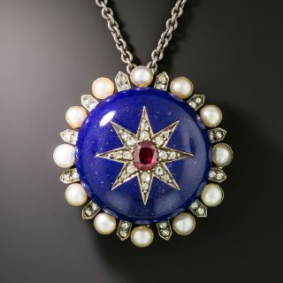 Victorian Lapis, Ruby, Pearl and Diamond Brooch/Pendant - 1