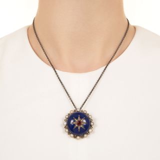 Victorian Lapis, Ruby, Pearl and Diamond Brooch/Pendant