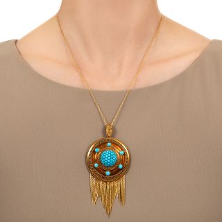 Victorian Large Turquoise and Fringe Locket Necklace