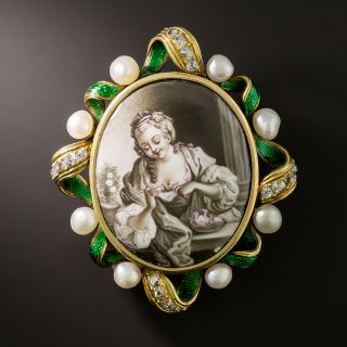 Victorian Limoge Enamel, Diamond and Pearl Ribbon Brooch - 2