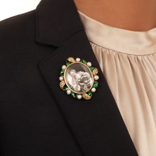 Victorian Limoge Enamel, Diamond and Pearl Ribbon Brooch