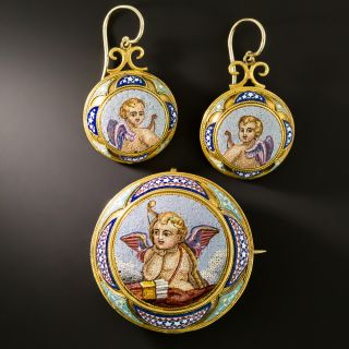 Victorian Micromosaic Cupid Brooch and Earrings Suite - 2
