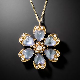 Victorian Moonstone, Diamond and Pearl Flower Pendant/Brooch - 2