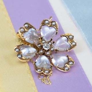 Victorian Moonstone, Diamond and Pearl Flower Pendant/Brooch