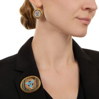 Victorian Mosaic Glass Earring and Brooch Set