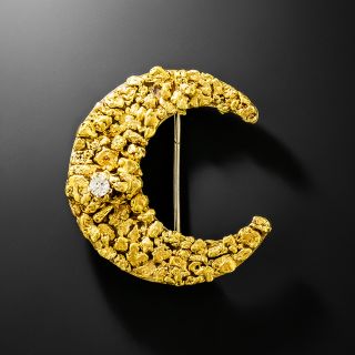 Victorian Natural Gold Nugget and Diamond Crescent Brooch  - 2