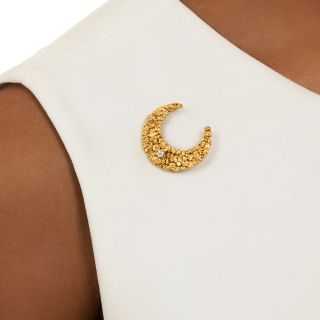 Victorian Natural Gold Nugget and Diamond Crescent Brooch 