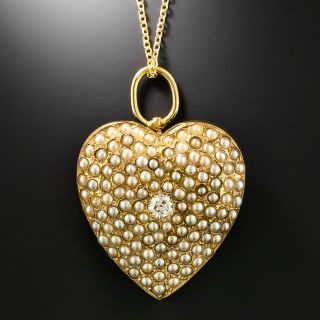 Victorian Natural Pearl and Diamond Heart Necklace - 3