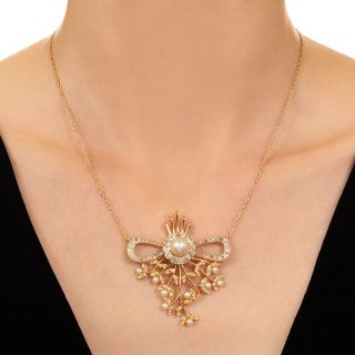 Victorian Natural Pearl and Diamond Spray 18K Pendant - GIA
