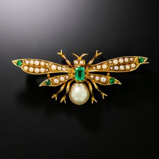 Victorian Natural Pearl and Emerald Insect Brooch, English - 2