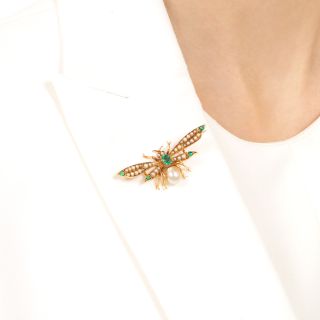 Victorian Natural Pearl and Emerald Insect Brooch, English
