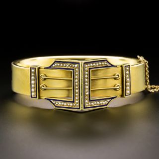 Victorian Natural Pearl and Enamel Buckle Bangle Bracelet - 2