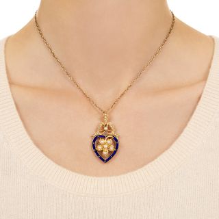 Victorian Natural Pearl and Enamel Heart Necklace